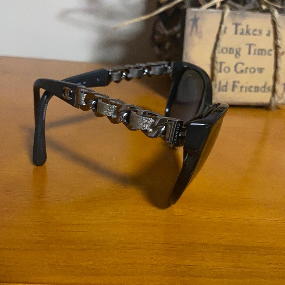 Chanel Cat Eye Chain and black leather Sunglasses